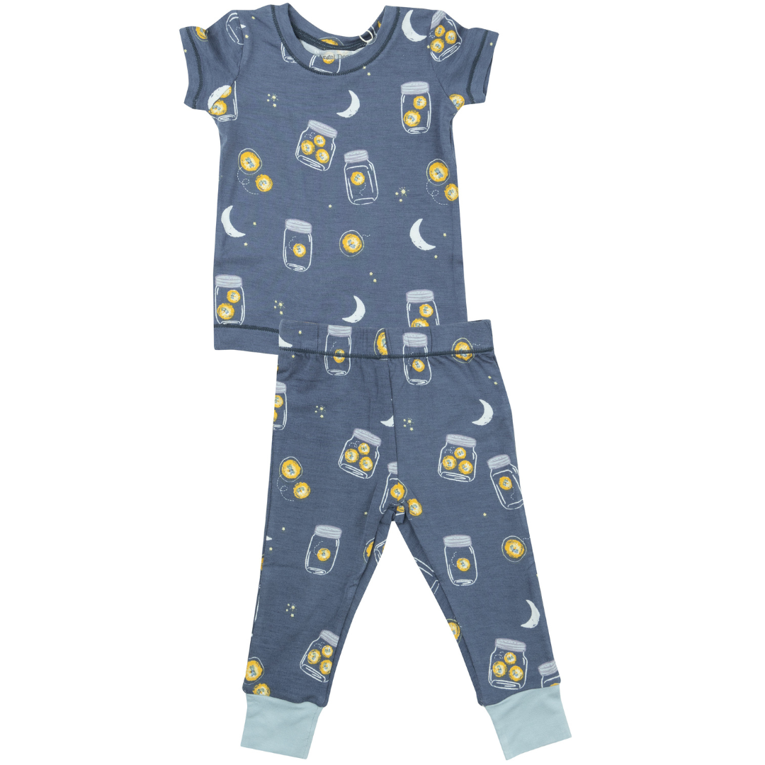 Blue loungewear set with fireflies in jars