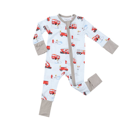 Blue romper with firetrucks and damlanations