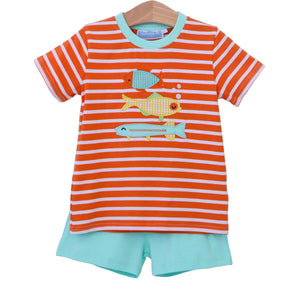 Orange striped fish applique short set with a matching solid knit short