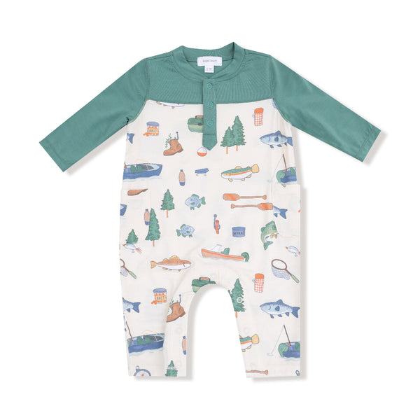 Front view of a baby romper with forest green sleeves and a fishing-themed print featuring fish, boats, and gear