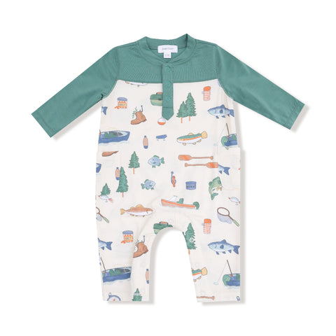 Front view of a baby romper with forest green sleeves and a fishing-themed print featuring fish, boats, and gear