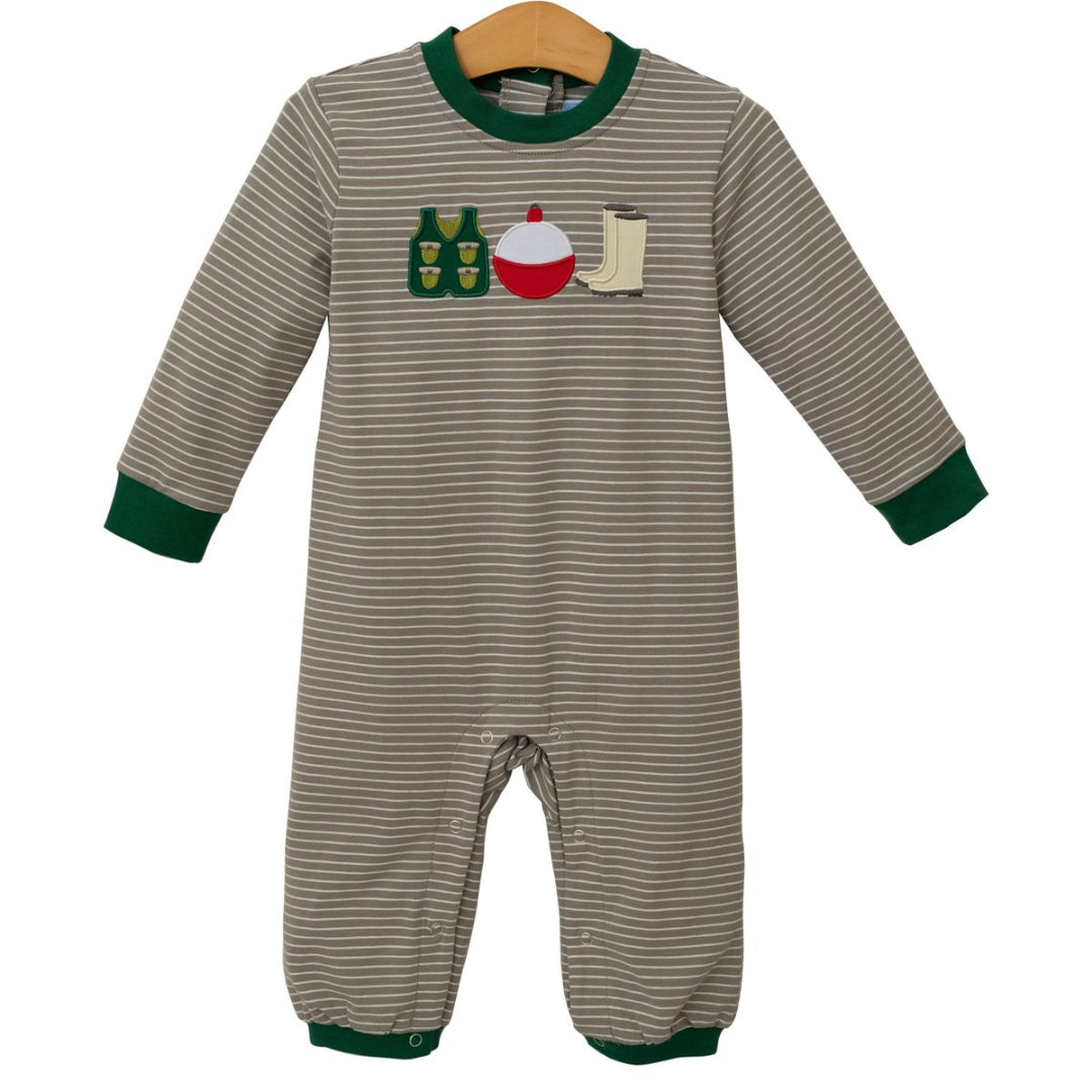 Taupe and white striped baby romper with green trim and fishing gear appliqué on chest.

