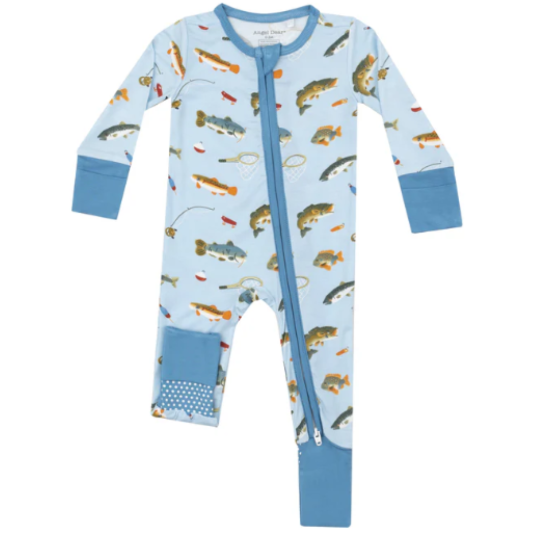 Blue romper with fish and fishing pole print