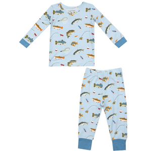 Blue long sleeve loungewear set with fish and fishing poles