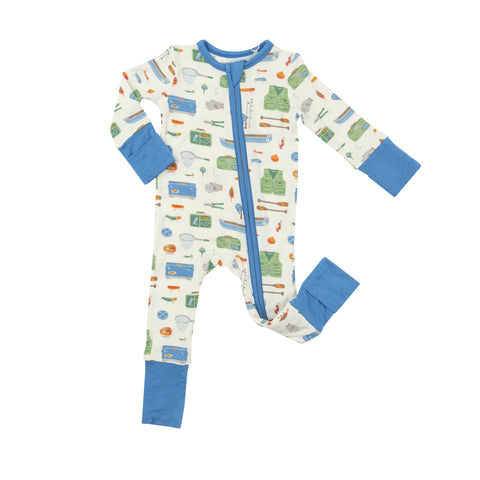 cream romper with blue fold over feet and hands with fishing tools print