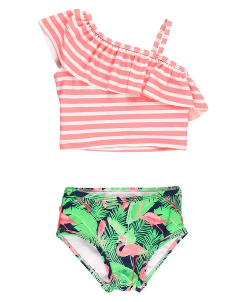 Two piece swim suit where the top has pink and white stripes and the bottoms have green leaves with flamigos