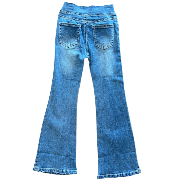 medium wash flared denim pull on  jean with crisscross waistband  back view