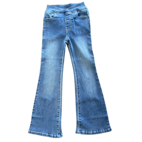 medium wash flared denim pull on  jean with crisscross waistband front view
 