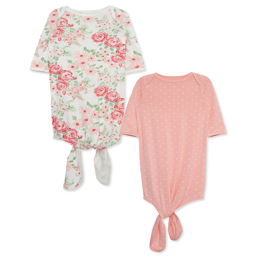 2pk of bamboo knot baby gown.  One is  a floral rose print and the other a pink with white dots