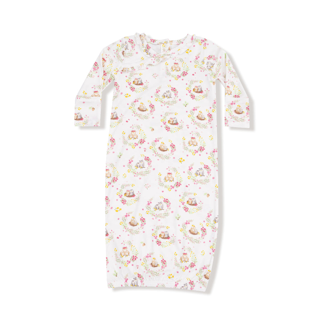 Floral Owl Families bamboo baby gown with ruffle collar, long sleeves, and elastic bottom, featuring pink and green floral owl print.









