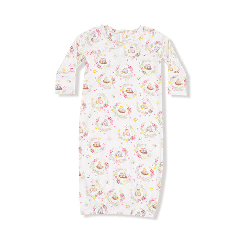 Floral Owl Families bamboo baby gown with ruffle collar, long sleeves, and elastic bottom, featuring pink and green floral owl print.









