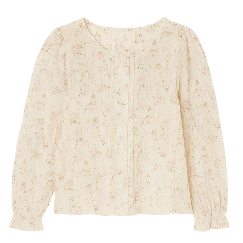 Girls’ long-sleeve cream floral top with pintuck detailing and softly gathered billow sleeves.