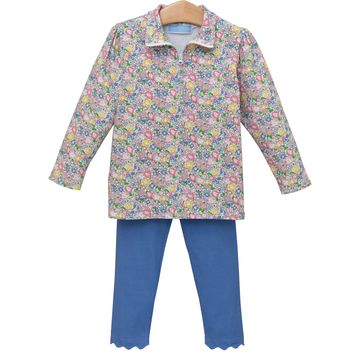 solid blue knit pull on pant with scalloped hem and a long sleeve floral knit quarter zip pullover.
