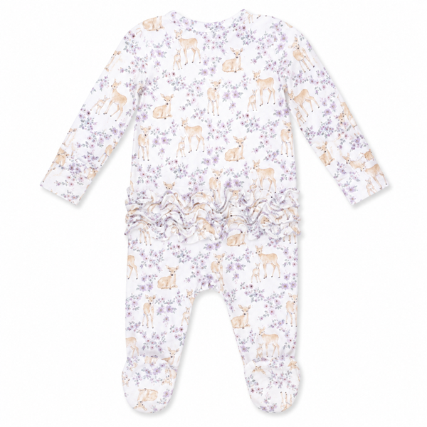 Floral deer baby footie with zipper closure, ruffle back detail, and footed design