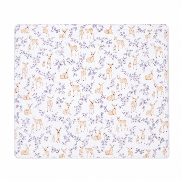 Floral deer baby swaddle blanket with fawn and lavender flower print, soft lightweight newborn blanket