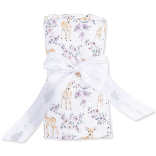 Floral deer baby swaddle blanket with fawn and lavender flower print, soft lightweight newborn blanket