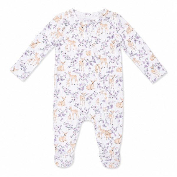 Floral deer baby footie with zipper closure, ruffle back detail, and footed design