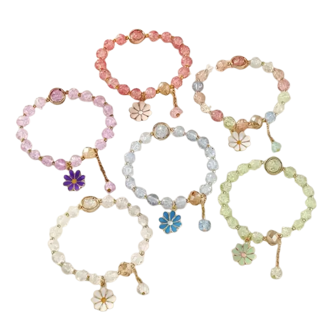 A product image showing six individual, circular coils of flower pendant glass bead bracelets arranged in two rows of three against a white background. The bracelets come in various colors including pink, purple, blue, green, and clear, with each featuring a small enamel flower charm and a dangling glass bead.