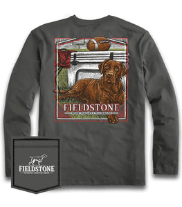 Long sleeve dark grey boys tee with a chocolate lab and football graphic on the back and a small breast pocket on the front.