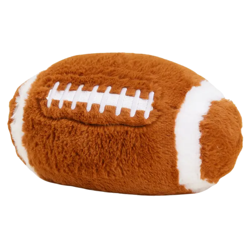 Plush football warmie with brown and white colors on a white background