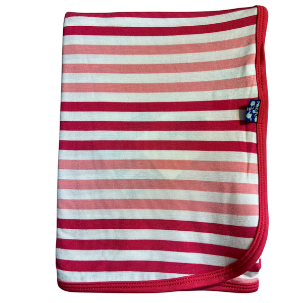 bamboo swaddle blanket with dark and light pink with white stripes trimmed in darker pink