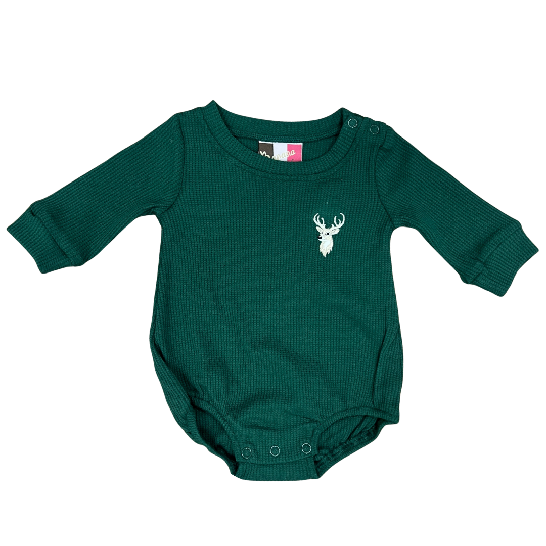 Long sleeve waffle knit baby onesie in a dark forest green featuring a deerhead and bottom snaps
