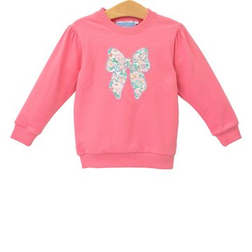 long sleeve lightweight pink sweatshirt with floral bow applique