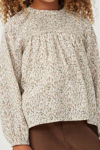 Ivory Floral Smocked Long Sleeve Top