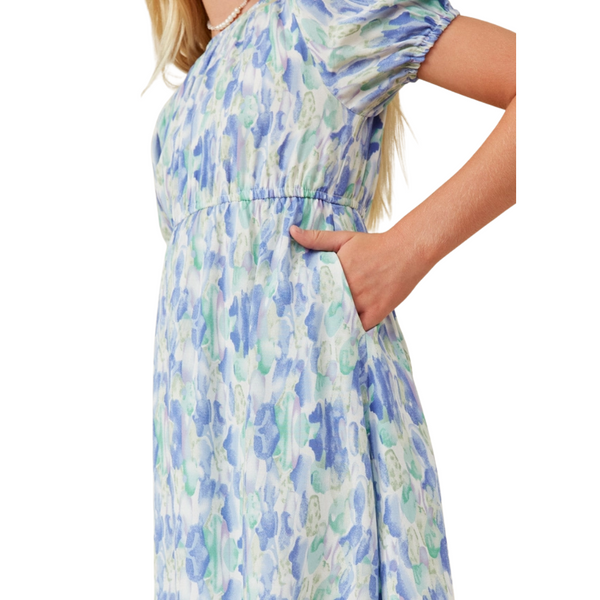 Blue Watercolor Floral Puff Sleeve Dress