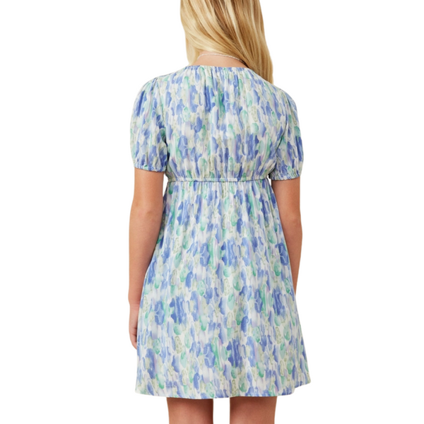 Blue Watercolor Floral Puff Sleeve Dress