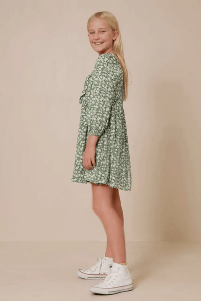 Green Ditsy Floral Bow Front Dress