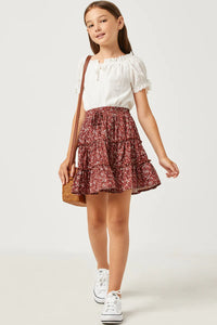 Burgundy floral tiered tween skirt
