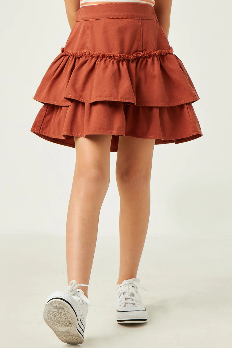 Rust colored ruffled tiered denim skirt