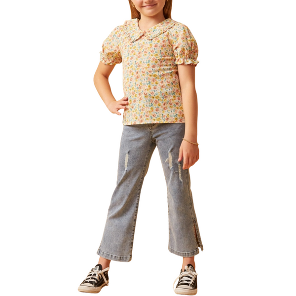 Floral Ruffle Collar Cinched Top