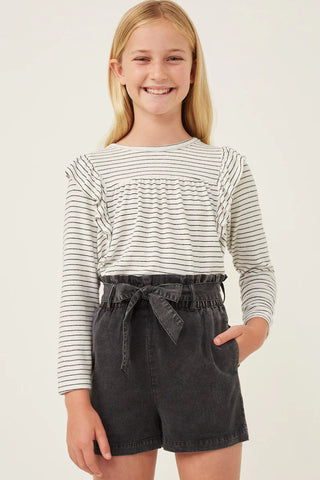Off White and Black Ribbed Stripe Ruffled Long Sleeve Knit Top