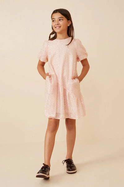 Sequined Asymmetric Hem Puff Sleeve Dress