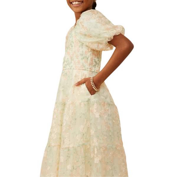 Smocked Floral Mesh Laced Dress