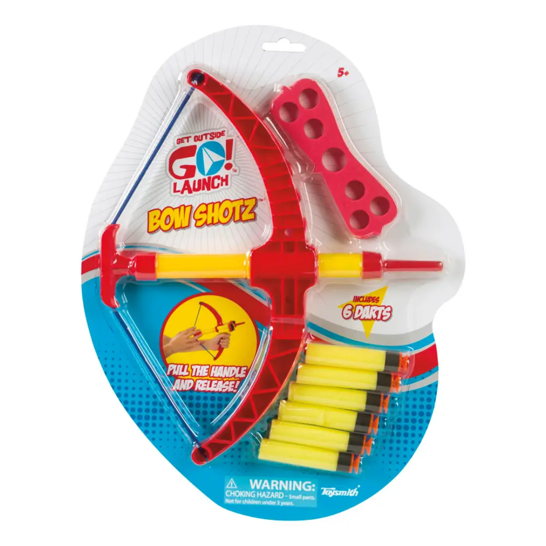 Red and yellow toy bow with foam suction darts and holder, designed for kids ages 5+ in a colorful blister pack