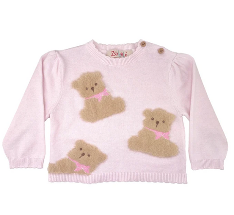 pink sweater with three fuzzy brown bear appliques