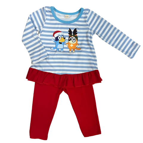 blue and white stripe top with solid red ruffle at the bottom with a screen print of bluey and bingo wearing christmas hats with a solid red legging