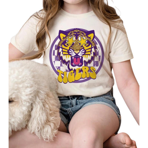 Light yellow T-shirt with a tiger on the front and "TIGERS" written in gold letters. 