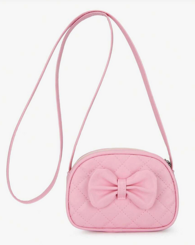 pink quilted purse with bow on bag