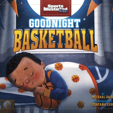 Cover of “Goodnight Basketball” showing a child snuggled in bed hugging a basketball under sports-themed blankets.