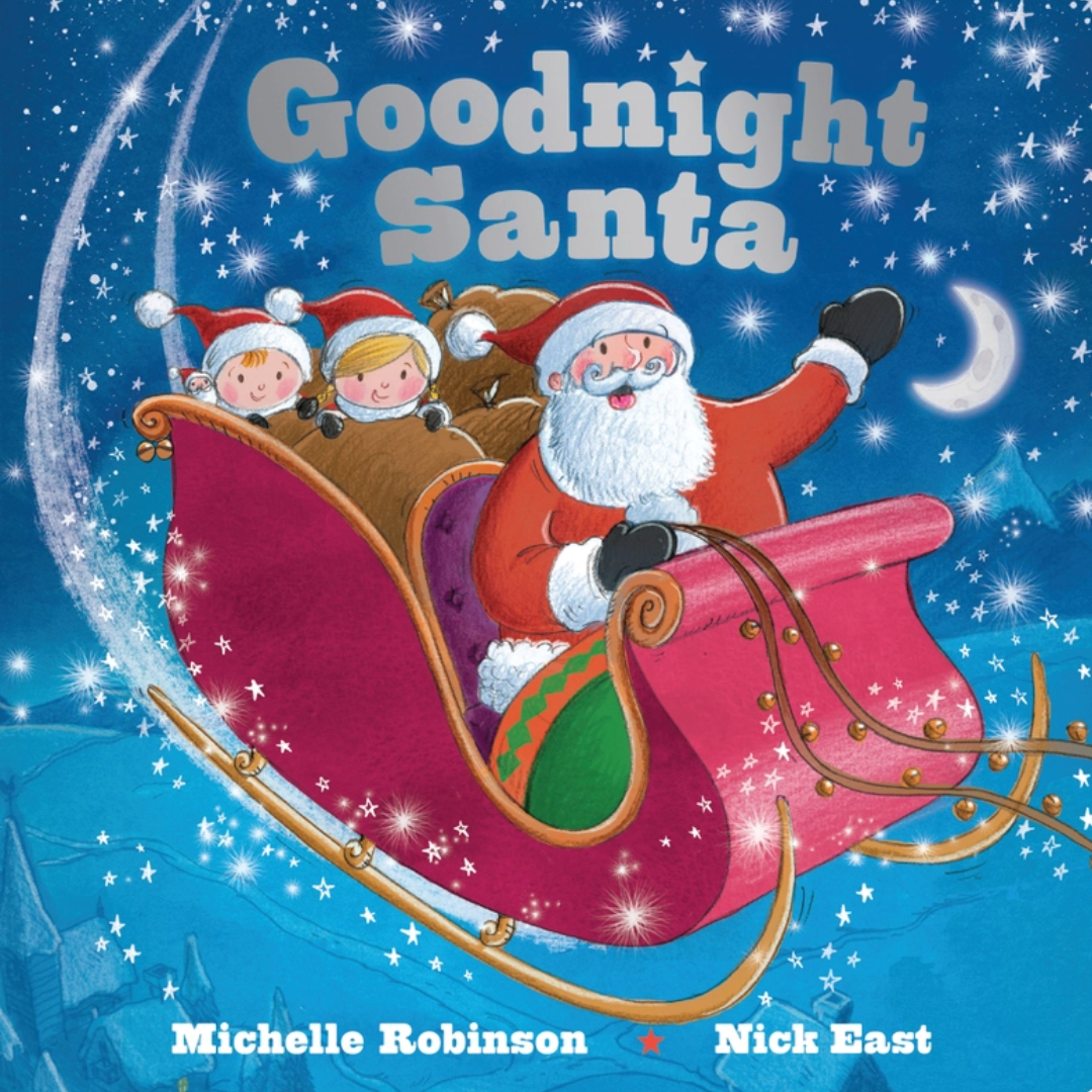 Cover of “Goodnight Santa” showing Santa waving from his sleigh with children riding behind him in a starry night sky.