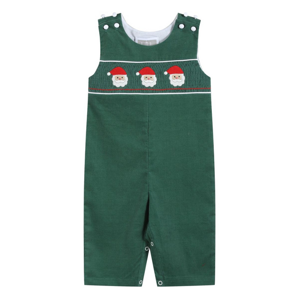 Front view of green corduroy baby overalls featuring three embroidered Santas on a smocked chest panel and white snap buttons at the shoulders.