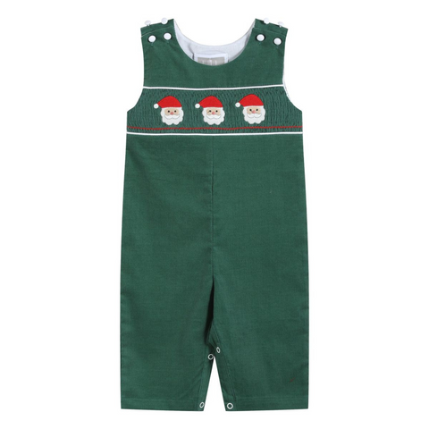 Front view of green corduroy baby overalls featuring three embroidered Santas on a smocked chest panel and white snap buttons at the shoulders.