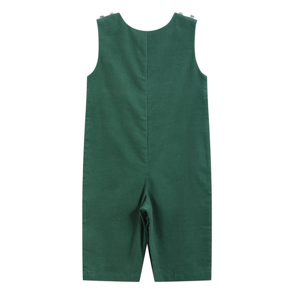 Back view of green corduroy overalls with simple solid design, sleeveless cut, and no embroidery, showing clean lines and a classic holiday look.