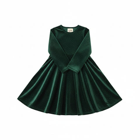 Long sleeve green velvet dress on a white background
