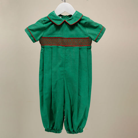 Green cord short sleeve romper with red smocked bodice 