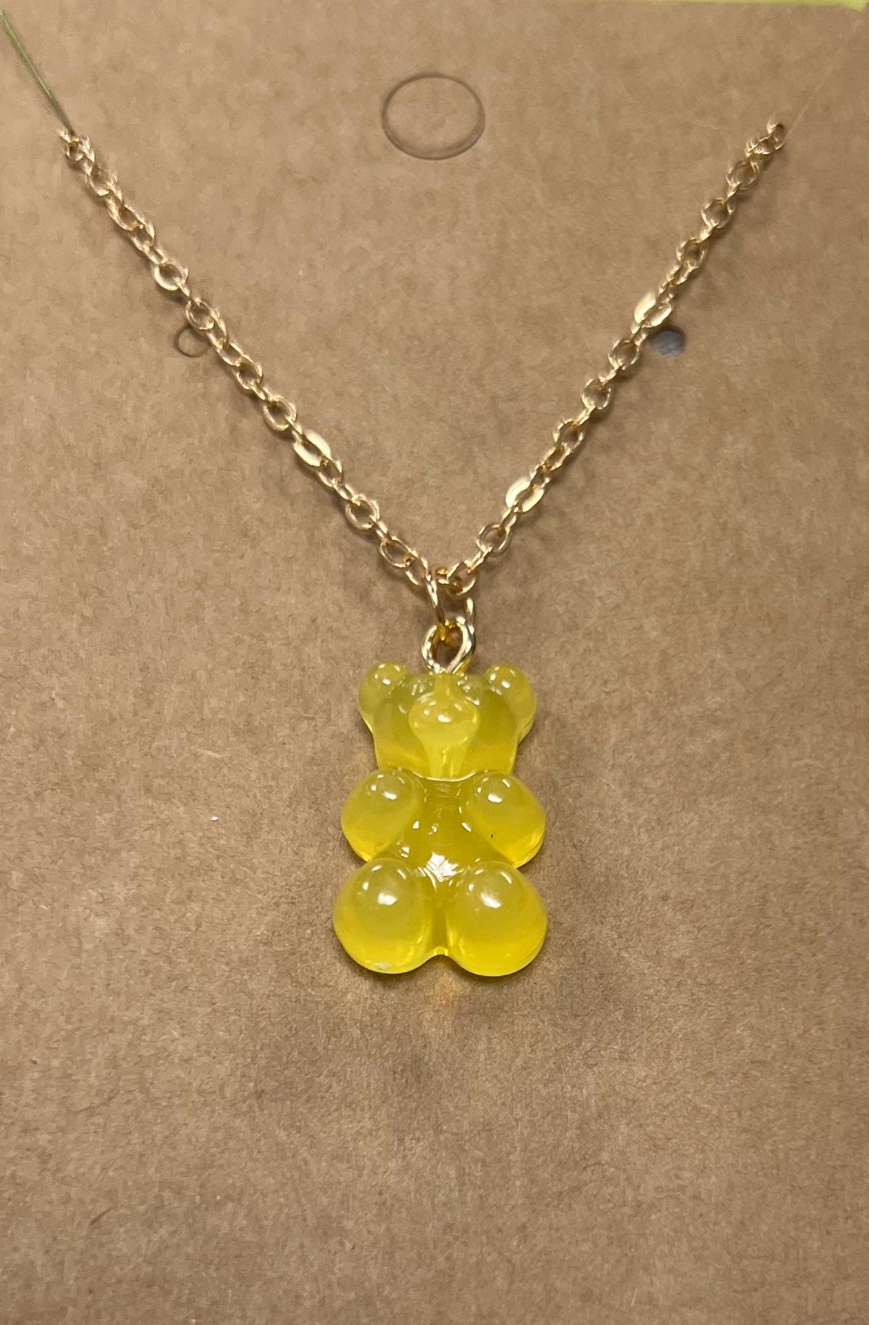 yellow acrylic gummi bear necklace on 16" gold filled chain